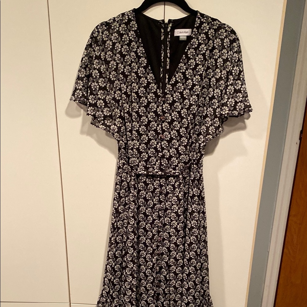 Calvin Klein Black and White Flutter Sleeve Midi Dress